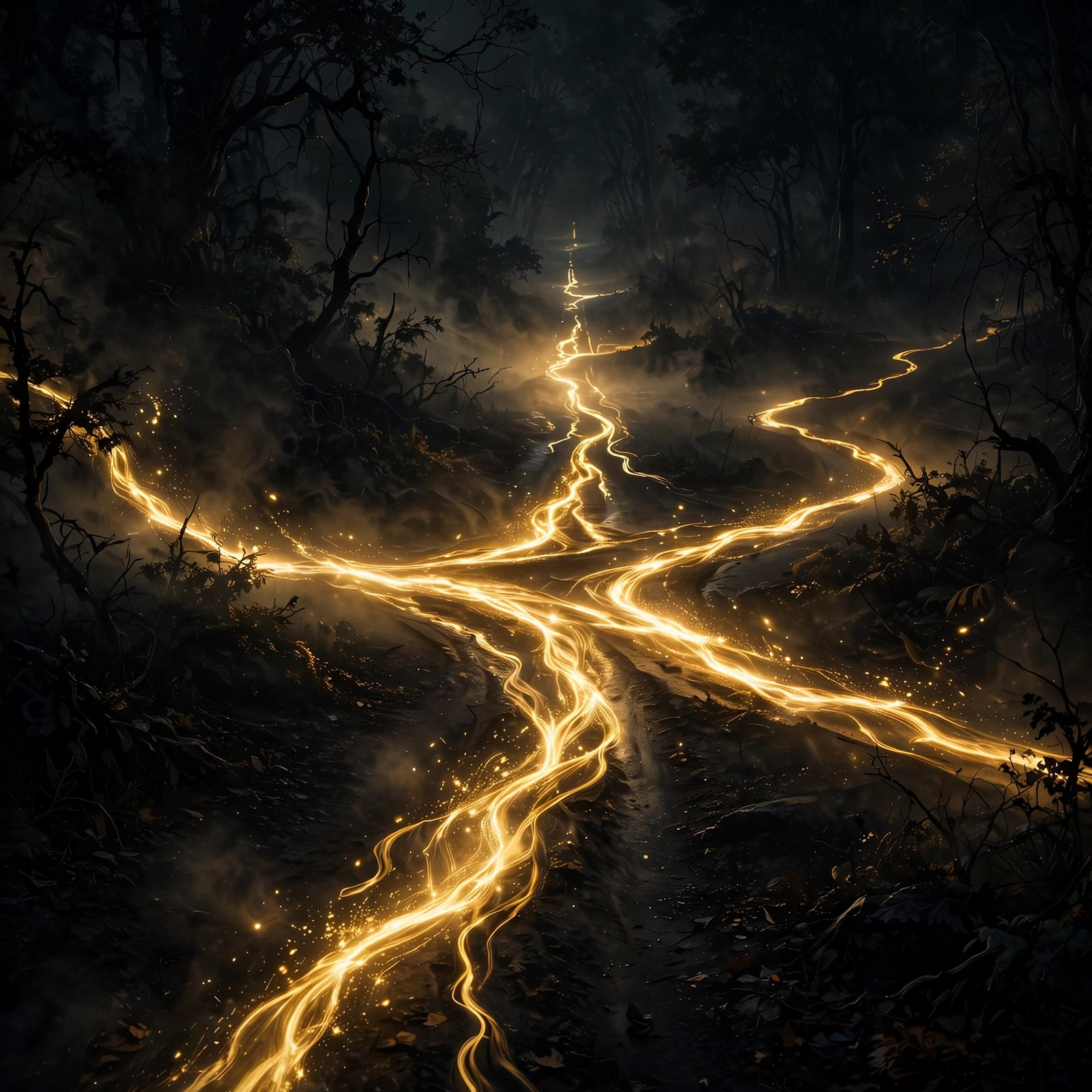 Cover art for Too Many Choices: glowing gold paths forking through a dark forest